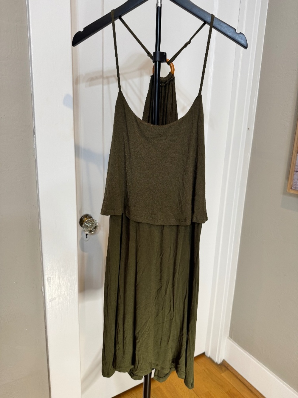 Veronica M Olive Green Popover Ring Back/ halter Maxi Dress NWT Size L